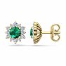 1 Carat Round Shape Flower Emerald and Diamond Halo Stud Earrings In 14 Karat Yellow Gold Image-1