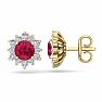 1 1/2 Carat Round Shape Flower Ruby and Diamond Halo Stud Earrings In 14 Karat Yellow Gold Image-1