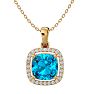 2 3/4 Carat Cushion Cut Blue Topaz and Halo Diamond Necklace In 14 Karat Yellow Gold, 18 Inches Image-1