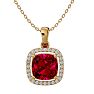3 1/4 Carat Cushion Cut Ruby and Halo Diamond Necklace In 14 Karat Yellow Gold, 18 Inches Image-1