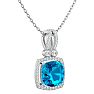 3 3/4 Carat Cushion Cut Blue Topaz and Halo Diamond Necklace In 14 Karat White Gold, 18 Inches Image-2