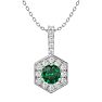 1/2 Carat Round Shape Emerald Necklaces With Hexagon Diamond Halo In 14 Karat White Gold, 18 Inch Chain Image-1