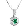 1/2 Carat Round Shape Emerald Necklaces With Hexagon Diamond Halo In 14 Karat White Gold, 18 Inch Chain Image-2