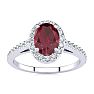 Ruby Ring: 1 Carat Oval Shape Created Ruby and Halo Diamond Ring In Sterling Silver Image-1