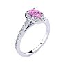 Pink Sapphire Ring: 1 Carat Oval Shape Created Pink Sapphire and Halo Diamond Ring In Sterling Silver Image-2