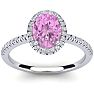 Pink Sapphire Ring: 1 1/2 Carat Oval Shape Created Pink Sapphire and Halo Diamond Ring In Sterling Silver Image-1