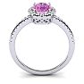 Pink Sapphire Ring: 1 1/2 Carat Oval Shape Created Pink Sapphire and Halo Diamond Ring In Sterling Silver Image-3