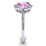 Pink Sapphire Ring: 1 1/2 Carat Oval Shape Created Pink Sapphire and Halo Diamond Ring In Sterling Silver Image-4