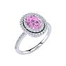 Pink Sapphire Ring: 1 1/2 Carat Oval Shape Created Pink Sapphire and Double Halo Diamond Ring In Sterling Silver Image-2