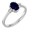 Sapphire Ring: 1 1/3 Carat Oval Shape Created Sapphire and Two Diamond Ring In Sterling Silver Image-2