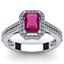 Ruby Ring: 1 1/2 Carat Octagon Shape Created Ruby and Halo Diamond Ring In Sterling Silver Image-1