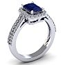 Sapphire Ring: 1 1/2 Carat Octagon Shape Created Sapphire and Halo Diamond Ring In Sterling Silver Image-2