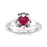 Ruby Ring: 1 Carat Heart Shape Created Ruby and Diamond Claddagh Ring In Sterling Silver Image-1