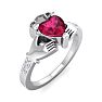 Ruby Ring: 1 Carat Heart Shape Created Ruby and Diamond Claddagh Ring In Sterling Silver Image-2