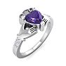 Amethyst Ring: 1 Carat Heart Shape Amethyst and Diamond Claddagh Ring In Sterling Silver Image-2
