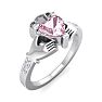 Pink Sapphire Ring: 1 Carat Heart Shape Created Pink Sapphire and Diamond Claddagh Ring In Sterling Silver Image-2