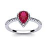 Ruby Ring: 1 Carat Pear Shape Created Ruby and Halo Diamond Ring In Sterling Silver Image-1