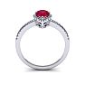 Ruby Ring: 1 Carat Pear Shape Created Ruby and Halo Diamond Ring In Sterling Silver Image-4