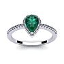 Emerald Ring: 1 Carat Pear Shape Created Emerald and Halo Diamond Ring In Sterling Silver Image-1