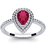 Ruby Ring: 1 Carat Pear Shape Created Ruby and Double Halo Diamond Ring In Sterling Silver Image-1