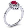 Ruby Ring: 1 Carat Pear Shape Created Ruby and Double Halo Diamond Ring In Sterling Silver Image-2