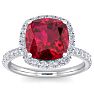 Ruby Ring: 5 1/2 Carat Cushion Cut Created Ruby and Halo Diamond Ring In Sterling Silver Image-1