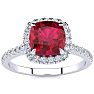 Ruby Ring: 2 Carat Cushion Cut Created Ruby and Halo Diamond Ring In Sterling Silver Image-1