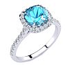 Blue Topaz Ring: 2 Carat Cushion Cut Blue Topaz and Halo Diamond Ring In Sterling Silver Image-2