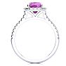 Pink Sapphire Ring: 2 Carat Cushion Cut Created Pink Sapphire and Halo Diamond Ring In Sterling Silver Image-3