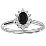 Black Onyx Ring: 2/3 Carat Oval Shape Black Onyx and Halo Diamond Ring In Sterling Silver Image-1