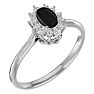 Black Onyx Ring: 2/3 Carat Oval Shape Black Onyx and Halo Diamond Ring In Sterling Silver Image-2
