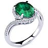 Emerald Ring: 2 3/4 Carat Oval Shape Created Emerald and Halo Diamond Ring In Sterling Silver Image-2