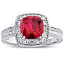 Ruby Ring: 1 1/4 Carat Cushion Cut Created Ruby and Halo Diamond Ring In Sterling Silver Image-1