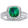 Emerald Ring: 1 1/4 Carat Cushion Cut Created Emerald and Halo Diamond Ring In Sterling Silver Image-1