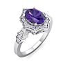 Amethyst Ring: 1 1/2 Carat Oval Shape Amethyst and Halo Diamond Ring In Sterling Silver Image-2