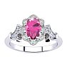 Pink Sapphire Ring: 1 Carat Oval Shape Created Pink Sapphire and Halo Diamond Ring In Sterling Silver Image-1