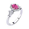 Pink Sapphire Ring: 1 Carat Oval Shape Created Pink Sapphire and Halo Diamond Ring In Sterling Silver Image-2