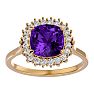 2 1/2 Carat Cushion Cut Amethyst and Halo Diamond Ring In 14K Yellow Gold Image-1