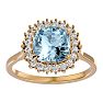 Aquamarine Ring: Aquamarine Jewelry: 2 1/2 Carat Cushion Cut Aquamarine and Halo Diamond Ring In 14K Yellow Gold Image-1