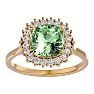 2 1/2 Carat Cushion Cut Green Amethyst and Halo Diamond Ring In 14K Yellow Gold Image-1