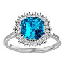 3 Carat Cushion Cut Blue Topaz and Halo Diamond Ring In 14K White Gold Image-1