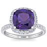 Amethyst Ring: 5 1/2 Carat Cushion Cut Amethyst and Halo Diamond Ring In Sterling Silver Image-1