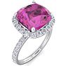 Pink Sapphire Ring: 5 1/2 Carat Cushion Cut Created Pink Sapphire and Halo Diamond Ring In Sterling Silver Image-2