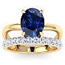 3.60 Carat Oval Shape Sapphire and Halo Diamond Ring Plus Band In 14 Karat Yellow Gold Image-1