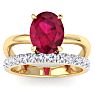 3.60 Carat Oval Shape Ruby and Halo Diamond Ring Plus Band In 14 Karat Yellow Gold Image-1