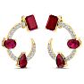 3 Carat Ruby and Lab Grown Diamond Hoop Earrings In 14 Karat Yellow Gold, 3/4 Inch Image-2