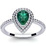 Estate Jewelry 1 Carat Pear Shape Created Emerald and Double Halo Diamond Ring In Sterling Silver, Size 5.5 Image-1