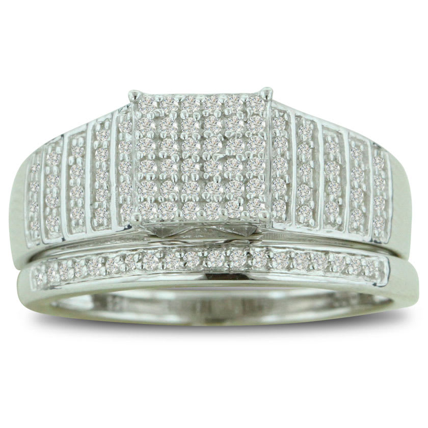 1/3ct Big Looking Princess Shaped Center Engagement Ring Diamond Bridal Set in Sterling Silver