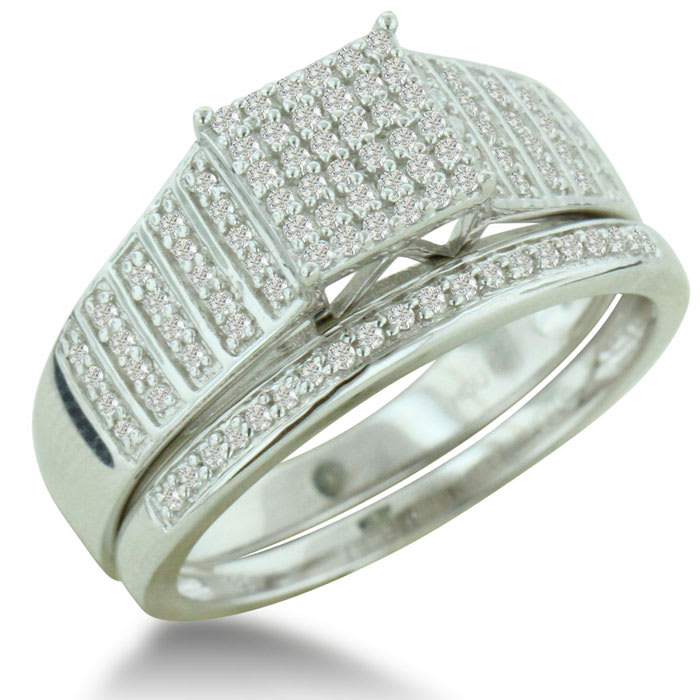 1/3ct Big Looking Princess Shaped Center Engagement Ring Diamond Bridal Set in Sterling Silver