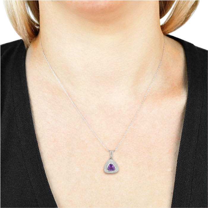 3/4ct Trillion Purple Amethyst And Diamond Pendant On 18 Inch Sterling Silver Necklace